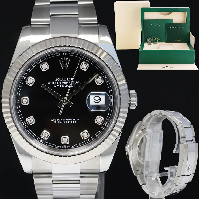 Watches with Backlight for Low-Light Conditions2023 Rolex DateJust 41 126334 Black Diamond White Gold 41mm Fluted Watch Box