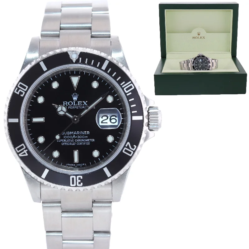 Square Dial Watches with Modern Design2008 ENGRAVED REHAUT Rolex Submariner Date 16610 Stainless Steel Black Watch