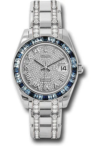 Watches with Two-Tone Cases for a Stylish AppearanceRolex White Gold Datejust Pearlmaster 34 Watch - 12 Blue And 24 Light-Blue Sapphire Baguettes Bezel - Diamond Paved Roman Dial - 81349SA dprdp