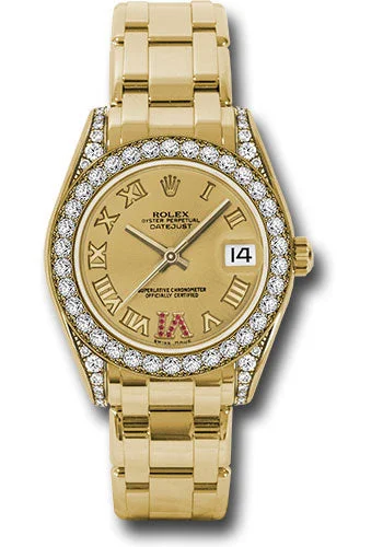 Watches with Power Reserve Indicator (for mechanical)Rolex Yellow Gold Datejust Pearlmaster 34 Watch - 34 Diamond Bezel - Champagne Ruby Roman Vi Roman Dial - 81158 chrr