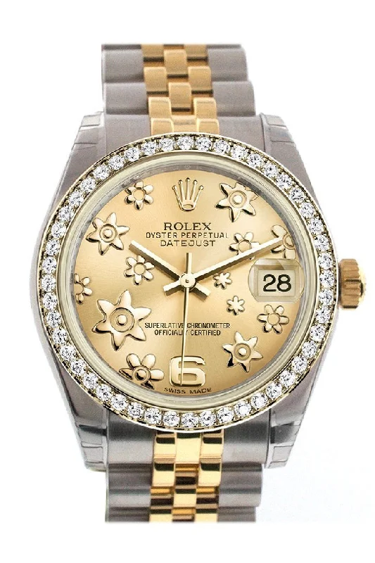 Watches with Power Reserve Indicator (for mechanical)Rolex Datejust 31 Champagne Raised Floral Motif Dial Diamond Bezel Jubilee Yellow Gold Two Tone Watch 178383