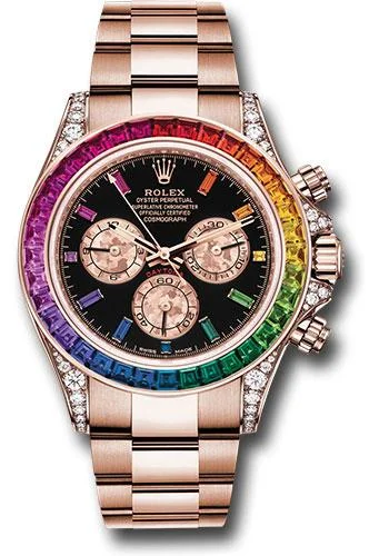 Luxury Quartz Watches with High-End MovementsRolex Everose Cosmograph Daytona 40 Watch - 36 Baguette-Cut Sapphires In Rainbow Graduation Bezel - Black Rainbow Sapphire Dial - 116595RBOW bkgcs