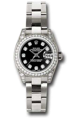 Waterproof Diving Watches with Rotating BezelRolex White Gold Lady-Datejust 26 Watch - 42 Diamond Bezel - Black Diamond Dial - Oyster Bracelet - 179159 bkdo