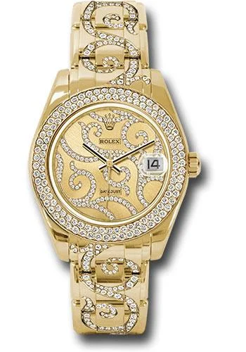 Watches with Luminous Markers for Night VisibilityRolex Yellow Gold Datejust Pearlmaster 34 Watch - 116 Diamond Bezel - Champagne Arabesque Diamond Dial - 81338 arabesque