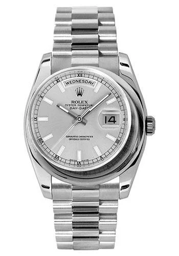 Women’s Watches with Swarovski CrystalsRolex Platinum Day-Date 36 Watch - Domed Bezel - Silver Index Dial - President Bracelet - 118206 sip