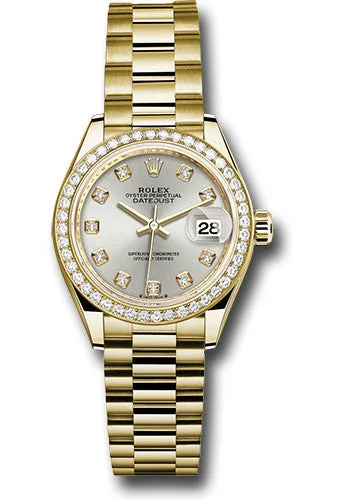 Round Dial Watches with Roman NumeralsRolex Yellow Gold Lady-Datejust Watch - 44 Diamond Bezel - Silver Diamond Dial - President Bracelet - 279138rbr sdp