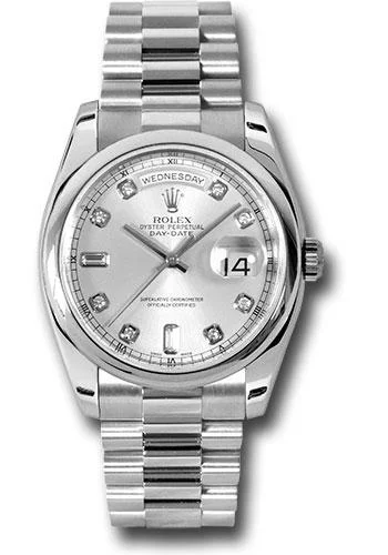 Chronograph Watches for Sports EnthusiastsRolex Platinum Day-Date 36mm Watch - Platinum Smooth/Domed Bezel - Silver Diamond Dial - President Bracelet - (Discontinued Model) 118206 sdp