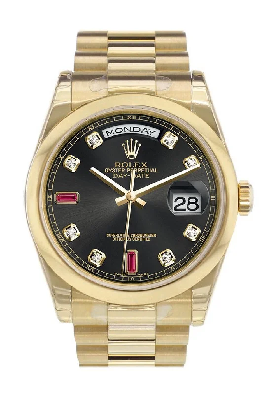 Watches with Sword-Style Hands for a Distinctive LookRolex Day-Date 36 Black Diamonds and rubies Dial President Yellow Gold Watch 118208