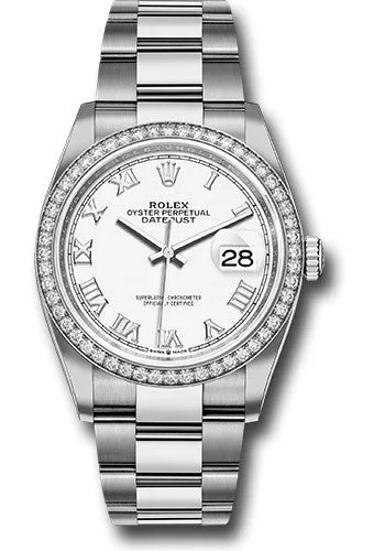 Minimalist Analog Watches for Everyday WearRolex Steel Datejust 36 Watch - Diamond Bezel - White Roman Dial - Oyster Bracelet - 126284RBR wro