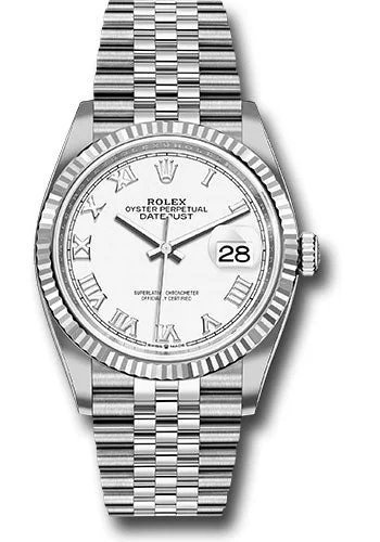 Watches with Luminous Markers for Night VisibilityRolex Steel Datejust 36 Watch - Fluted Bezel - White Roman Dial - Jubilee Bracelet - 126234 wrj