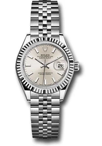 Watches with Backlight for Low-Light ConditionsRolex Steel and White Gold Rolesor Lady-Datejust 28 Watch - Fluted Bezel - Silver Index Dial - Jubilee Bracelet - 279174 sij