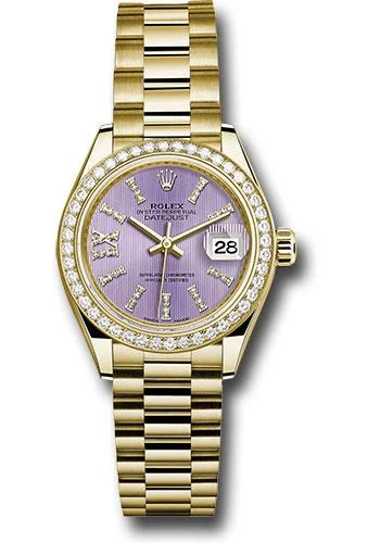 Leather Band Watches with Quick-Release BucklesRolex Yellow Gold Lady-Datejust 28 Watch - 44 Diamond Bezel - Lilac Stripe Diamond Index Dial - President Bracelet - 279138RBR lils36dix8dp