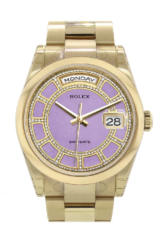 Watches with Gold Plated Cases for a Luxurious LookRolex Day-Date 36 Carousel Lavender Jade Diamonds Dial Yellow Gold Watch 118208