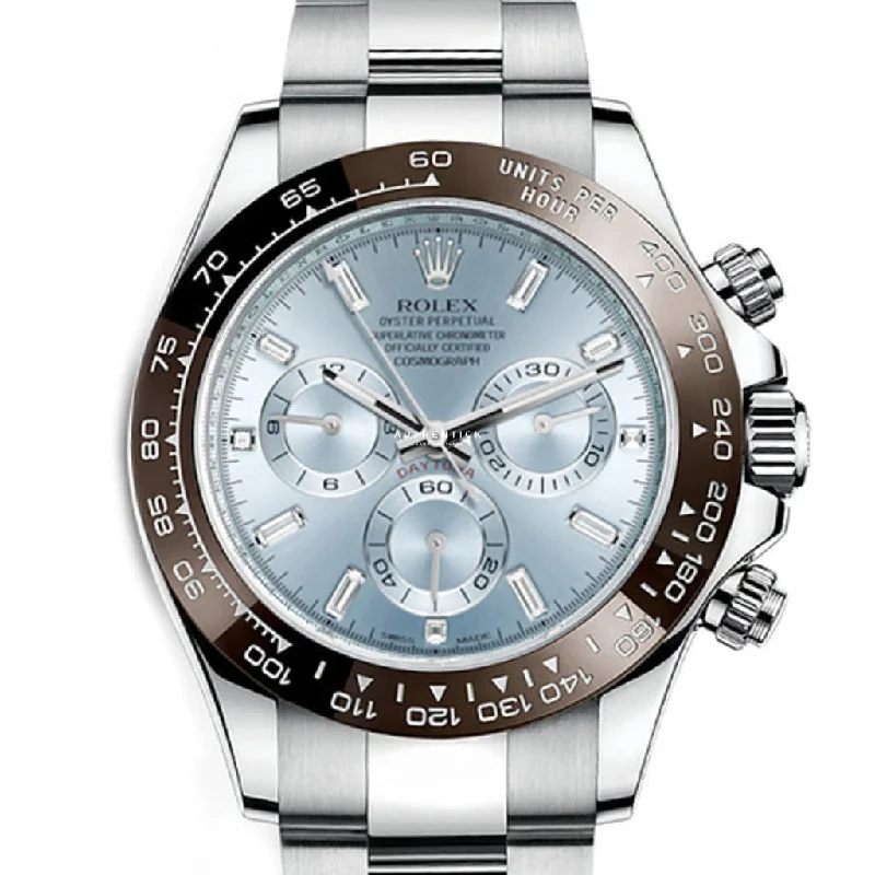 Watches with Luminous Markers for Night VisibilityRolex Cosmograph Daytona Platinum Ice Blue Baguette Dial 116506-0002