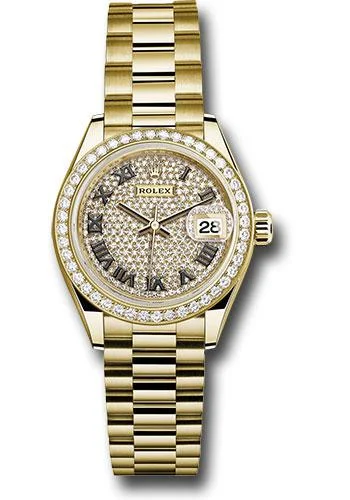 Adjustable Strap Watches for Perfect FitRolex Yellow Gold Lady-Datejust 28 Watch - 44 Diamond Bezel - Diamond Paved Roman Dial - President Bracelet - 279138RBR dprp