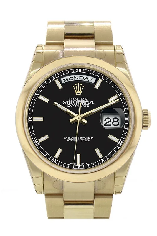 Wristwatches with Second Time Zone FeatureRolex Day-Date 36 Black Arab Dial Yellow Gold Watch 118208