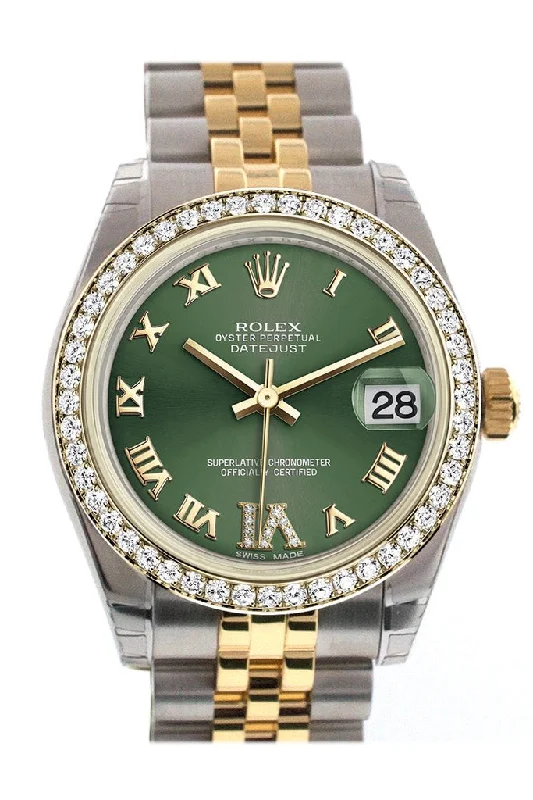 Women’s Dress Watches with Elegant StrapsRolex Datejust 31 Olive Green Large VI Diamonds Dial Diamond Bezel Jubilee Yellow Gold Two Tone Watch 178383