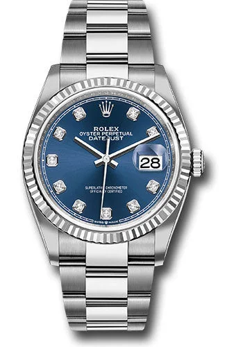 Alloy Cased Watches for Affordable QualityRolex Steel Datejust 36 Watch - Fluted Bezel - Blue Diamond Dial - Oyster Bracelet - 126234 bldo