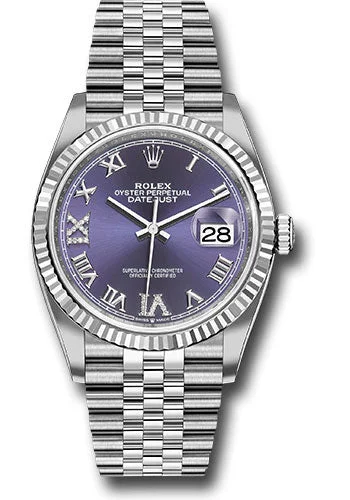 Solar-Powered Watches for Eco-Conscious UsersRolex Steel Datejust 36 Watch - Fluted Bezel - Aubergine Purple Diamond Roman VI and IX Dial - Jubilee Bracelet - 126234 audr69j