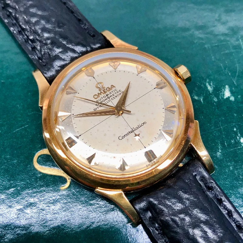 Leather Cuff Watches for a Bohemian Look1954 Omega Constellation De Luxe 2852 2853 SC 18K Yellow Gold Chronometer Automatic Wristwatch