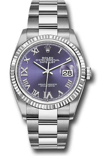 Titanium Cased Watches for Lightweight ComfortRolex Steel Datejust 36 Watch - Fluted Bezel - Aubergine Purple Diamond Roman VI and IX Dial - Oyster Bracelet - 126234 audr69o