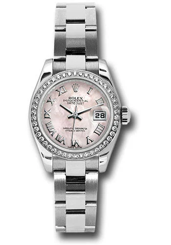 Leather Cuff Watches for a Bohemian LookRolex Steel and White Gold Lady Datejust 26 Watch - 46 Diamond Bezel - Pink Mother-Of-Pearl Roman Dial - Oyster Bracelet - 179384 pmro