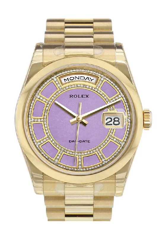 Watches with Baton-Style Hands for a Classic LookRolex Day-Date 36 Carousel lavender jade Diamonds Dial President Yellow Gold Watch 118208