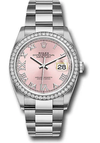 Watches with Luminous Markers for Night VisibilityRolex Steel Datejust 36 Watch - Diamond Bezel - Pink Diamond Roman VI and IX Dial - Oyster Bracelet - 126284RBR pdr69o