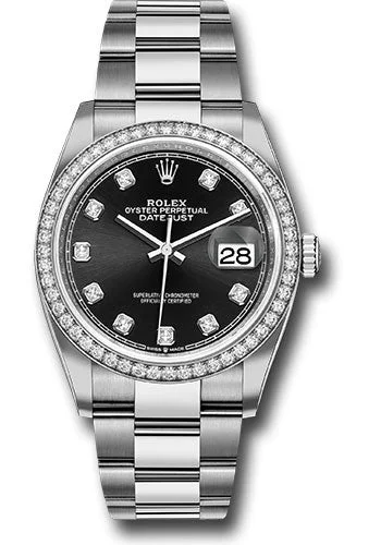 Mechanical Watches with Hand-Winding MechanismRolex Steel Datejust 36 Watch - Diamond Bezel - Black Diamond Dial - Oyster Bracelet - 126284RBR bkdo