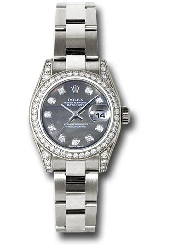 Round Dial Watches with Roman NumeralsRolex White Gold Lady-Datejust 26 Watch - 42 Diamond Bezel - Dark Mother-Of-Pearl Diamond Dial - Oyster Bracelet - 179159 dkmdo