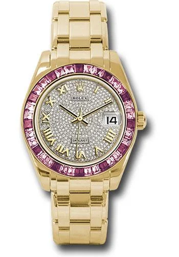 Watches with Glossy Finish Cases for a Shiny AppealRolex Yellow Gold Datejust Pearlmaster 34 Watch - 12 Pink And 24 Light-Pink Sapphire Baguettes Bezel - Diamond Paved Roman Dial - 81348SARO dpr