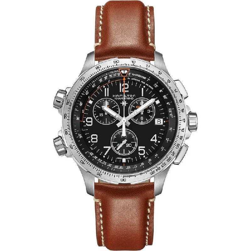 Luxury Quartz Watches with High-End MovementsHamilton Men's H77912535 Khaki Aviation X-Wind Chronograph, GMT and Second Time Zone Brown Leather Watch