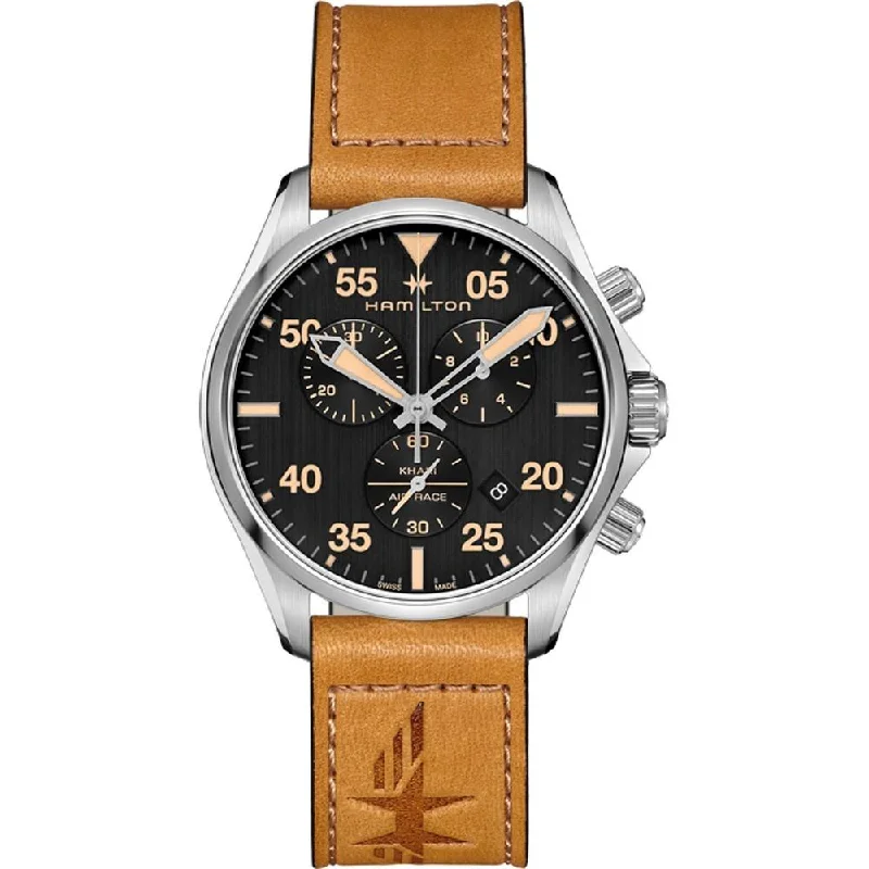 Wooden Cased Watches for a Natural LookHamilton Men's H76722531 Khaki Pilot Chronograph Brown Leather Watch