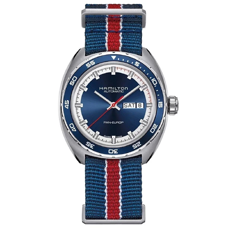 Luxury Quartz Watches with High-End MovementsHamilton Men's H35405741 Timeless Pan Europ Automatic Two Bands Blue red and black Canvas and leather Watch