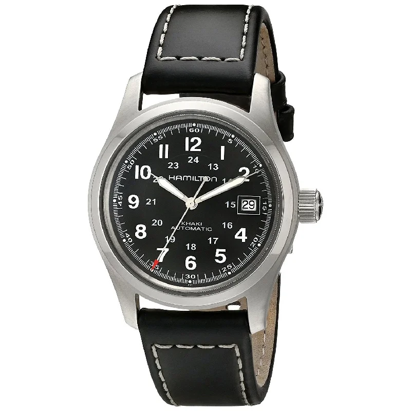 Watches with Power Reserve Indicator (for mechanical)Hamilton Men's H70455733 Khaki Field Automatic Black Leather Watch