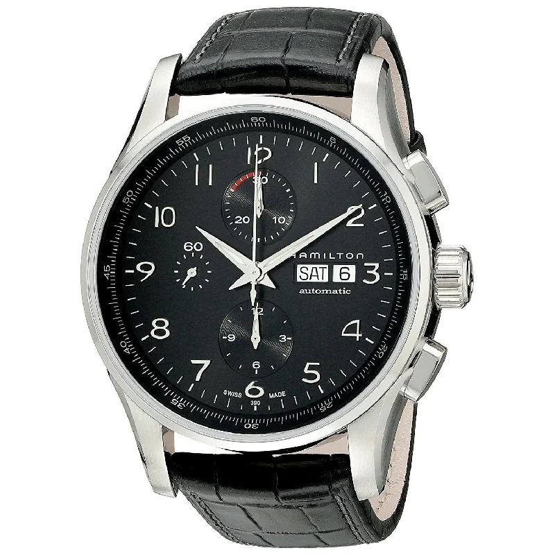 Watches with Embossed Dials for a Textured LookHamilton Men's H32716839 Jazzmaster Chronograph Automatic Black Leather Watch