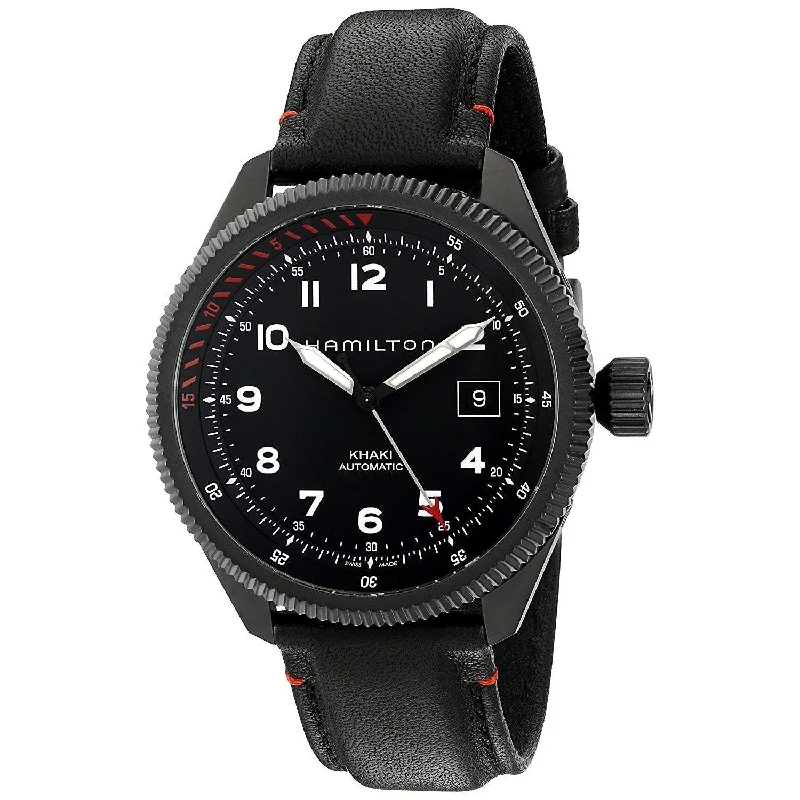 Waterproof Diving Watches with Rotating BezelHamilton Men's H76695733 Khaki Aviation Automatic Black Leather Watch