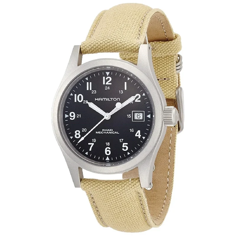 Watches with Sword-Style Hands for a Distinctive LookHamilton Men's H69419933 Khaki Field Mecahnical Hand Wind Beige Canvas Watch