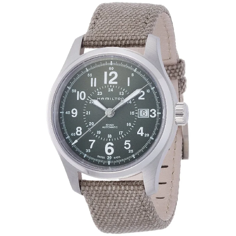 Watches with Stainless Steel PVD Coating for Scratch ResistanceHamilton Men's H70595963 Khaki Field Automatic Olive Leather and Nylon Watch