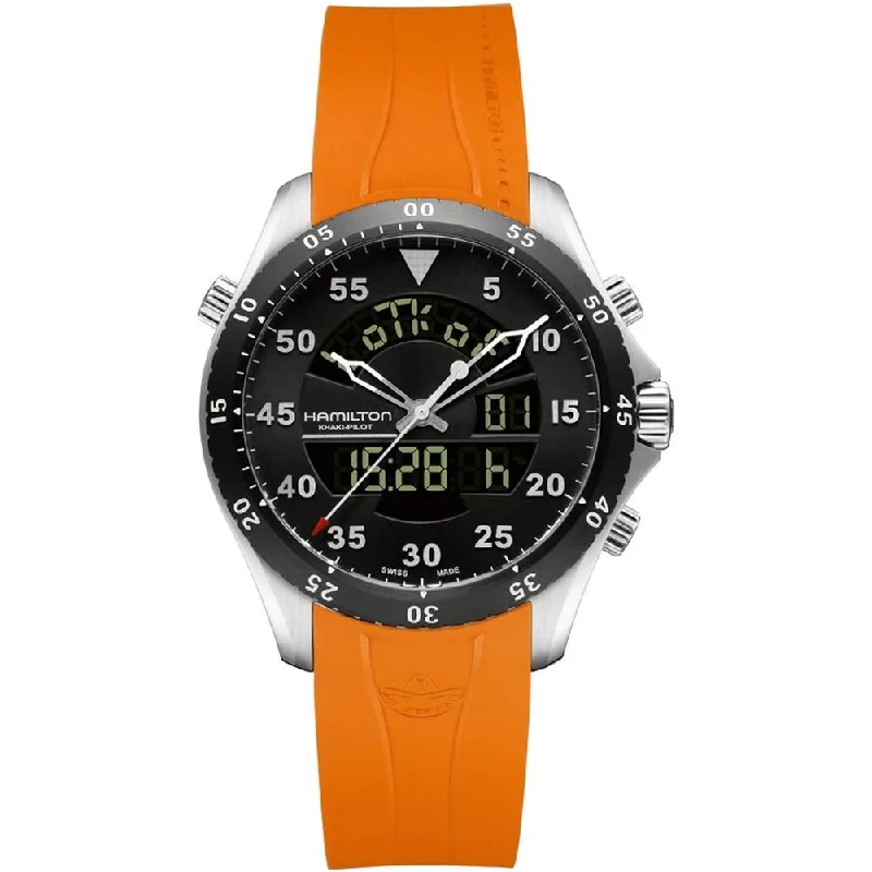 Wooden Cased Watches for a Natural LookHamilton Men's H64554431 Khaki Aviation Flight Timer Analog-Digital Orange Rubber Watch