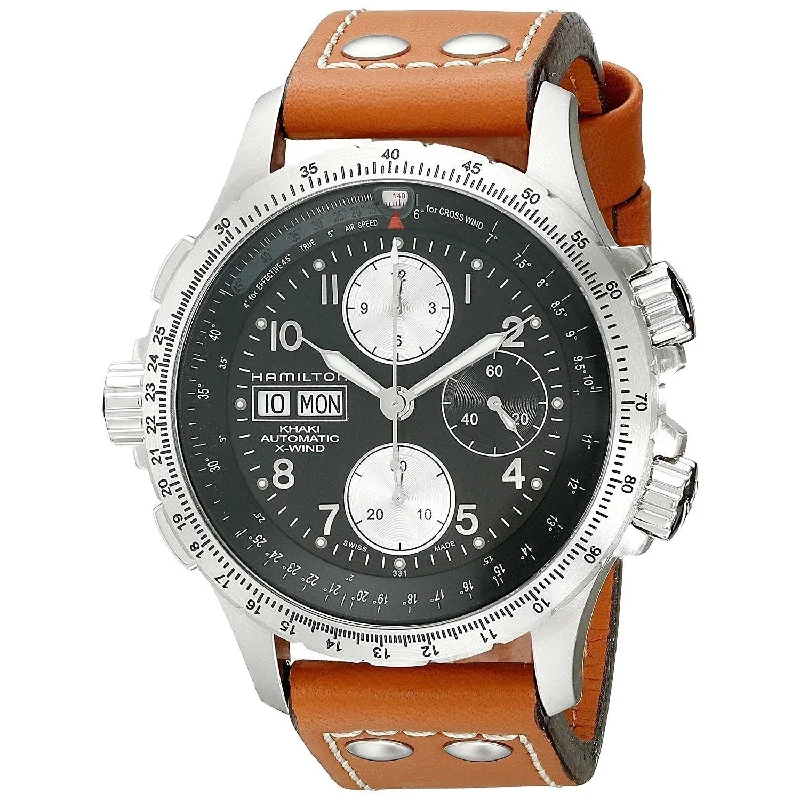 Watches with Engraved Dials for PersonalizationHamilton Men's H77616533 Khaki X Wind Chronograph Air Speed Scale Automatic Brown Leather Watch