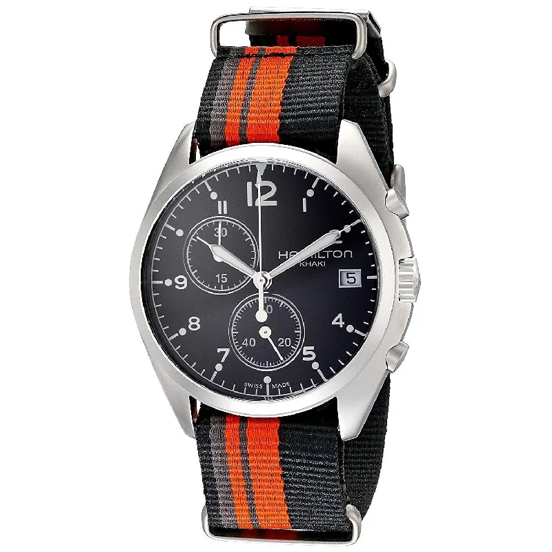 Alloy Cased Watches for Affordable QualityHamilton Men's H76552933 Khaki Aviation Chronograph Automatic Orange and black Canvas Watch