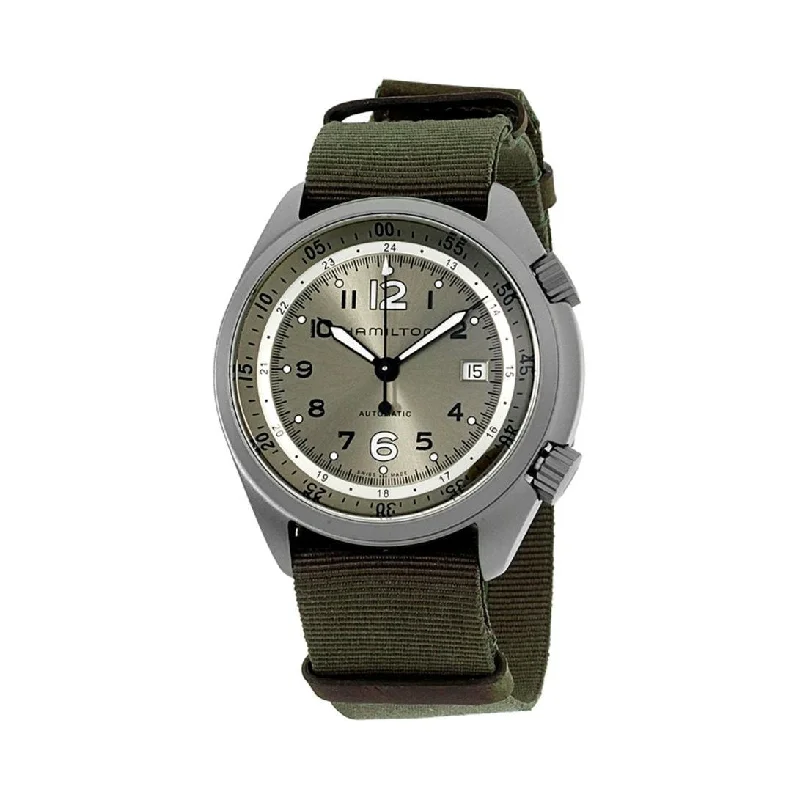 Stainless Steel Dress Watches for BusinessmenHamilton Men's H80405865 Khaki Aviation Green Nato Canvas Watch