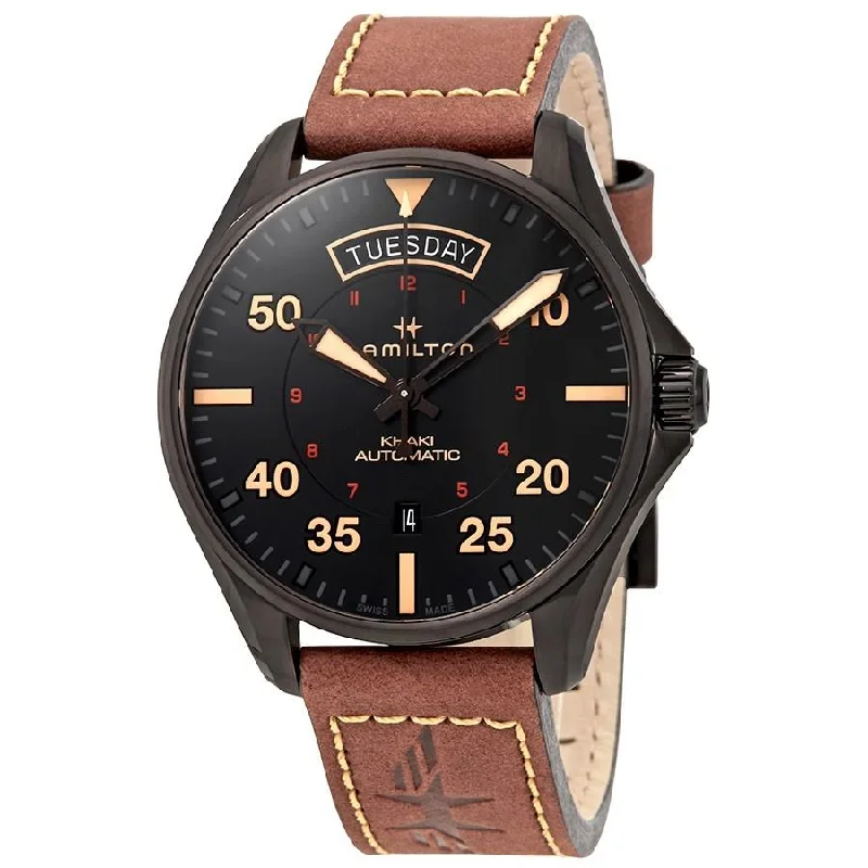 Titanium Cased Watches for Lightweight ComfortHamilton Men's H64605531 Khaki Pilot Automatic Brown Leather Watch