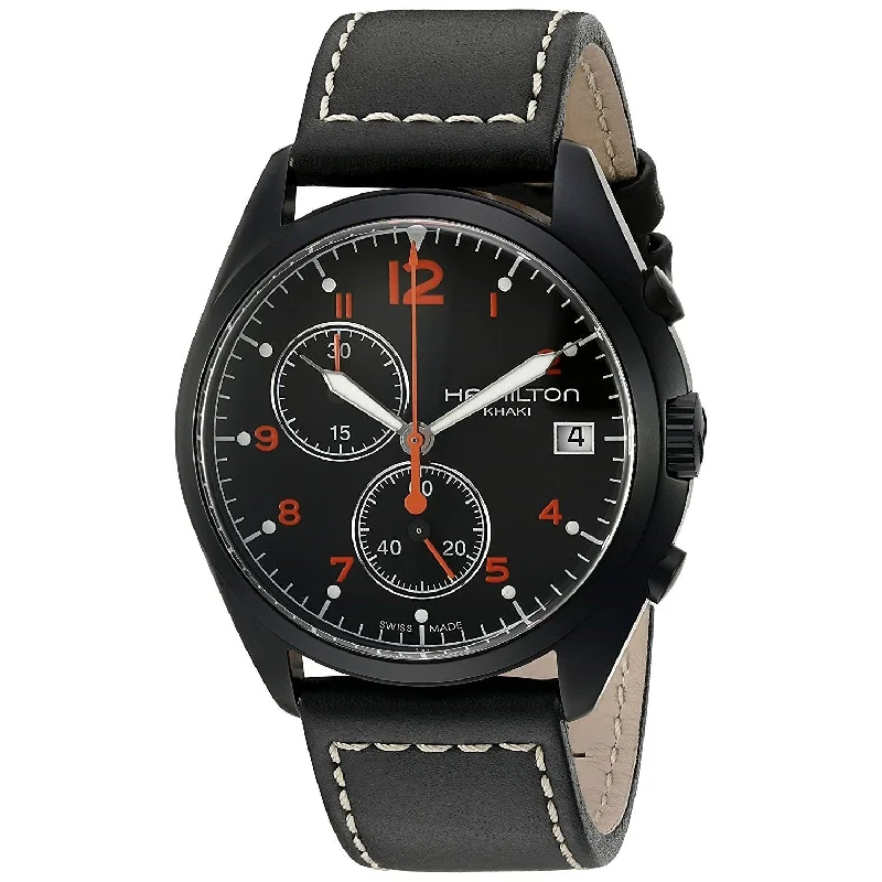 Titanium Cased Watches for Lightweight ComfortHamilton Men's H76582733 Pilot Pioneer Chronograph Black Leather Watch