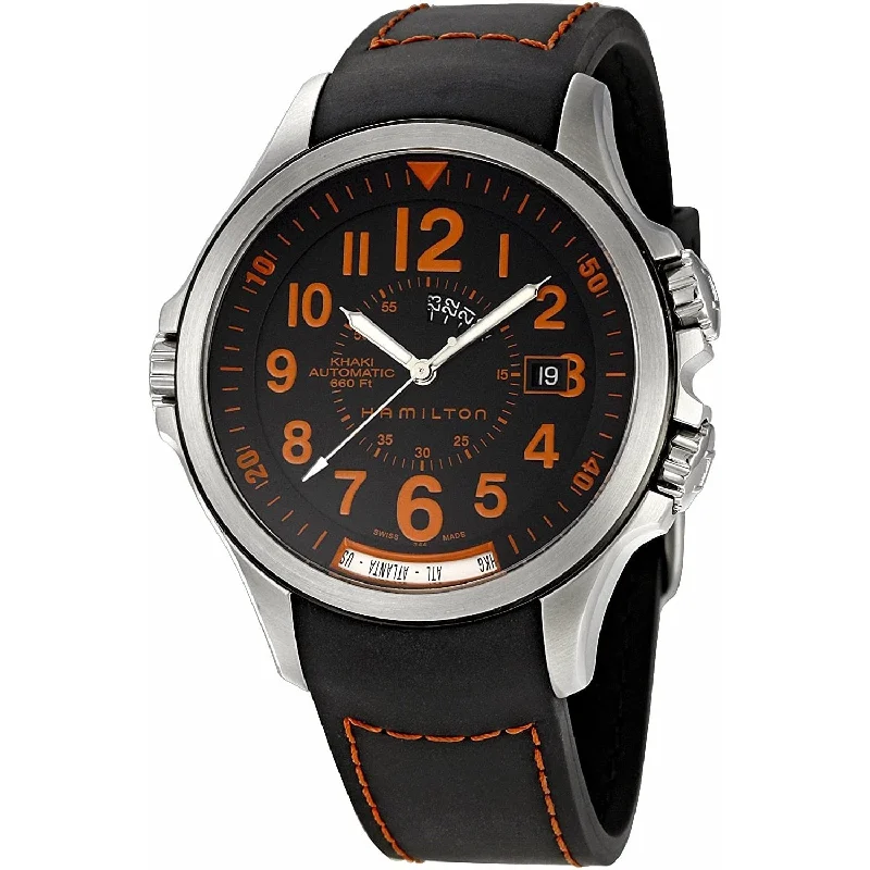 Watches with Sword-Style Hands for a Distinctive LookHamilton Men's H77695333 Khaki GMT Black Rubber Watch