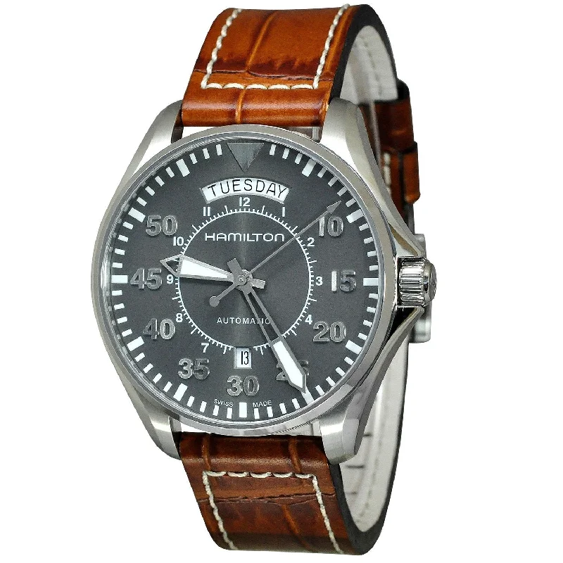 Watches with Baton-Style Hands for a Classic LookHamilton Men's H64615585 Khaki Aviation Automatic Brown Leather Watch