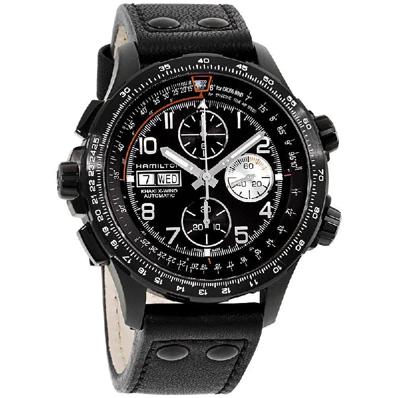 Watches with Stainless Steel PVD Coating for Scratch ResistanceHamilton Men's H77736733 Khaki Aviation X-Wind Chronograph Automatic Black Leather Watch