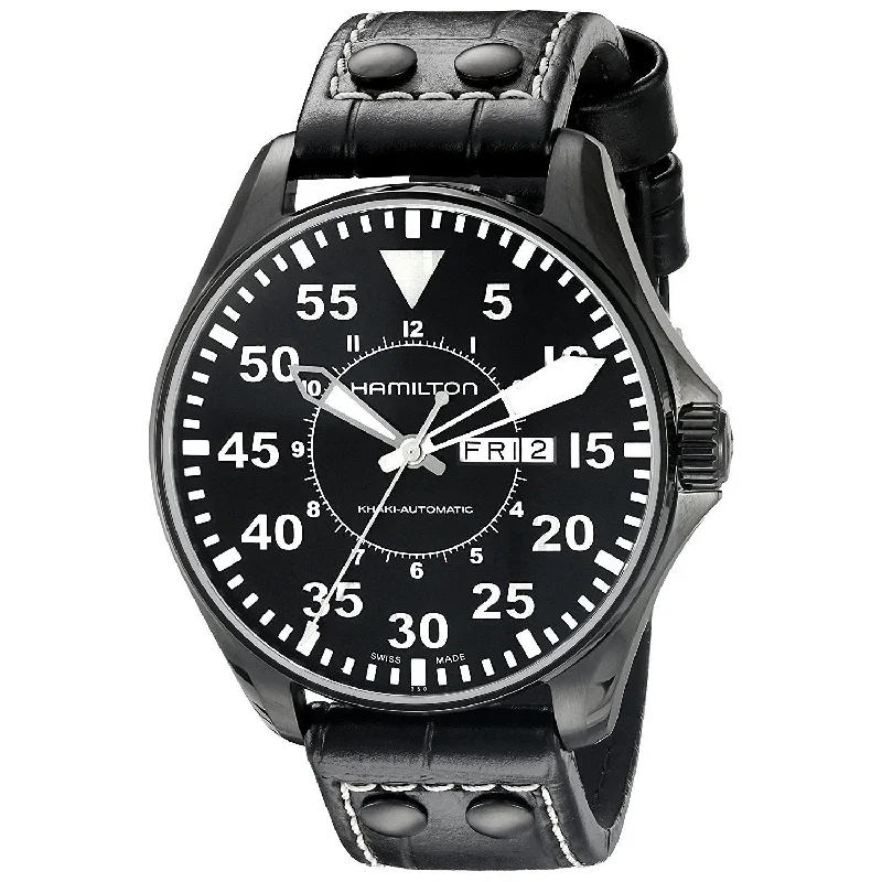 Mechanical Watches with Hand-Winding MechanismHamilton Men's H64785835 Khaki King Pilot Automatic Black Leather Watch