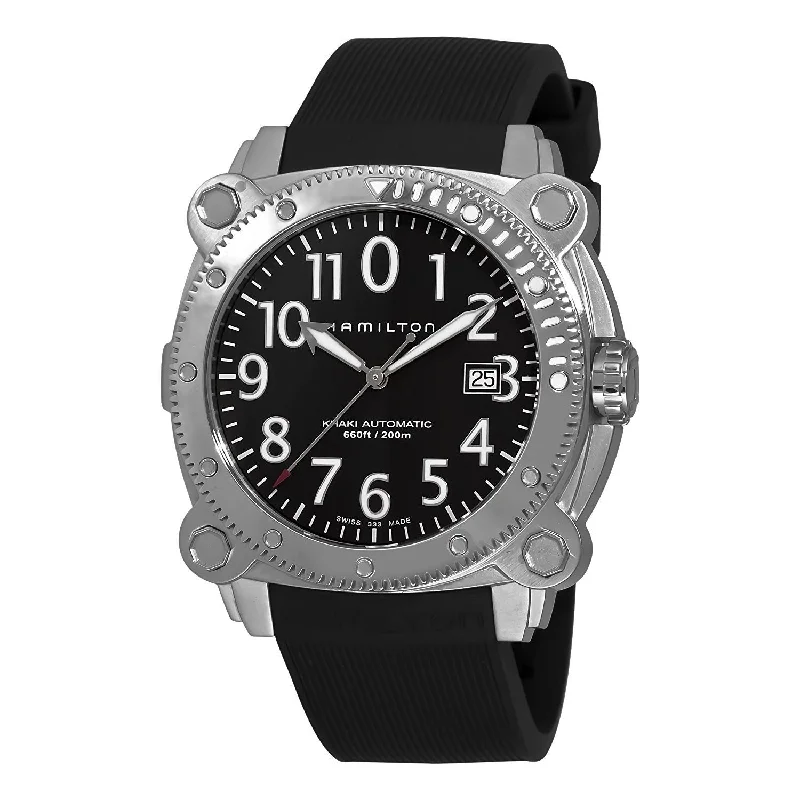 Watches with Embossed Dials for a Textured LookHamilton Men's H78555333 Khaki Belowzero Automatic Black Rubber Watch